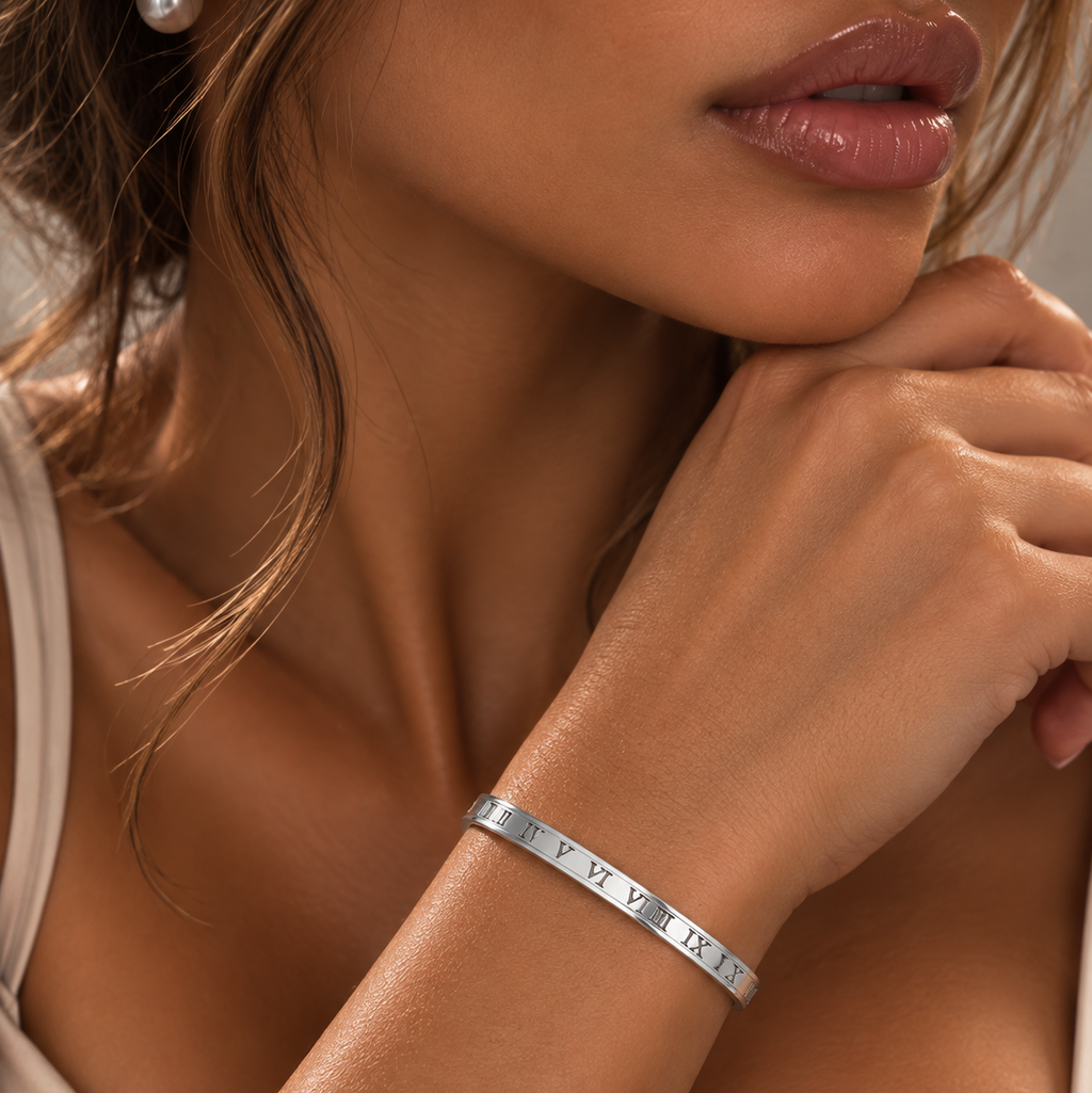 Renita Roman Numeral Bangle Bracelet Silver