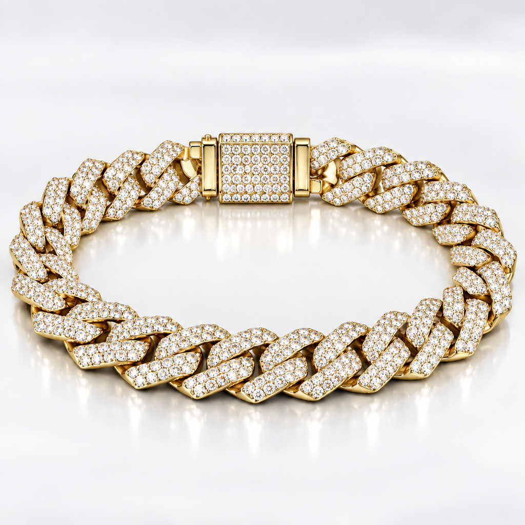 Prong iced Cuban Bracelet Gold 14mm