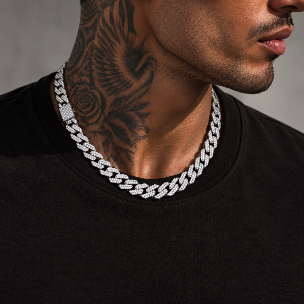 Prong iced Cuban Necklace Silver 20" 14mm