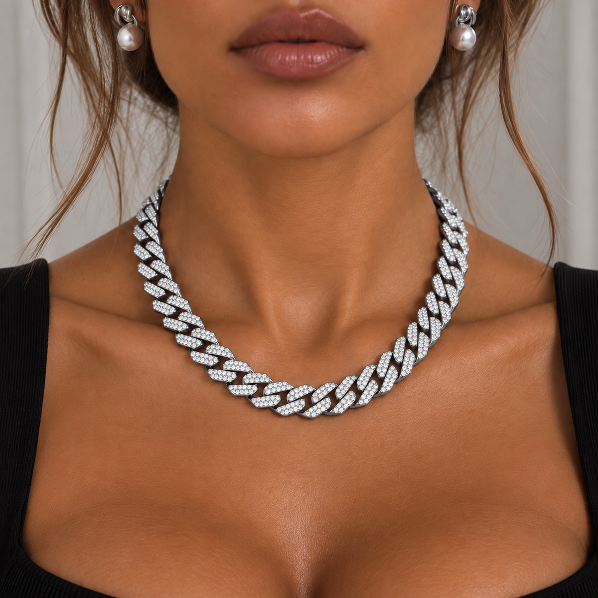 Mya Prong iced Cuban Necklace Silver 18" 14mm
