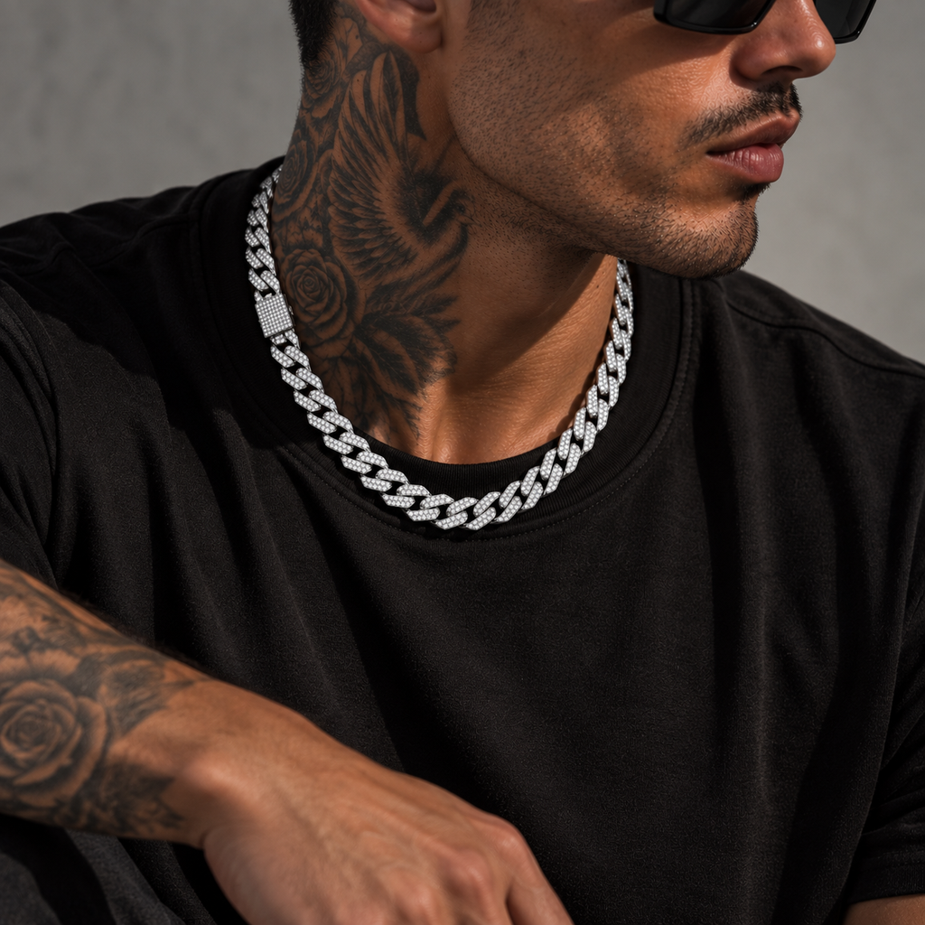 Prong iced Cuban Necklace Silver 20" 14mm