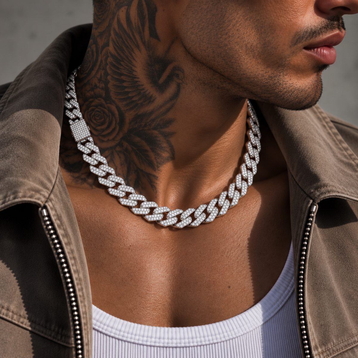Prong iced Cuban Necklace Silver 20" 14mm