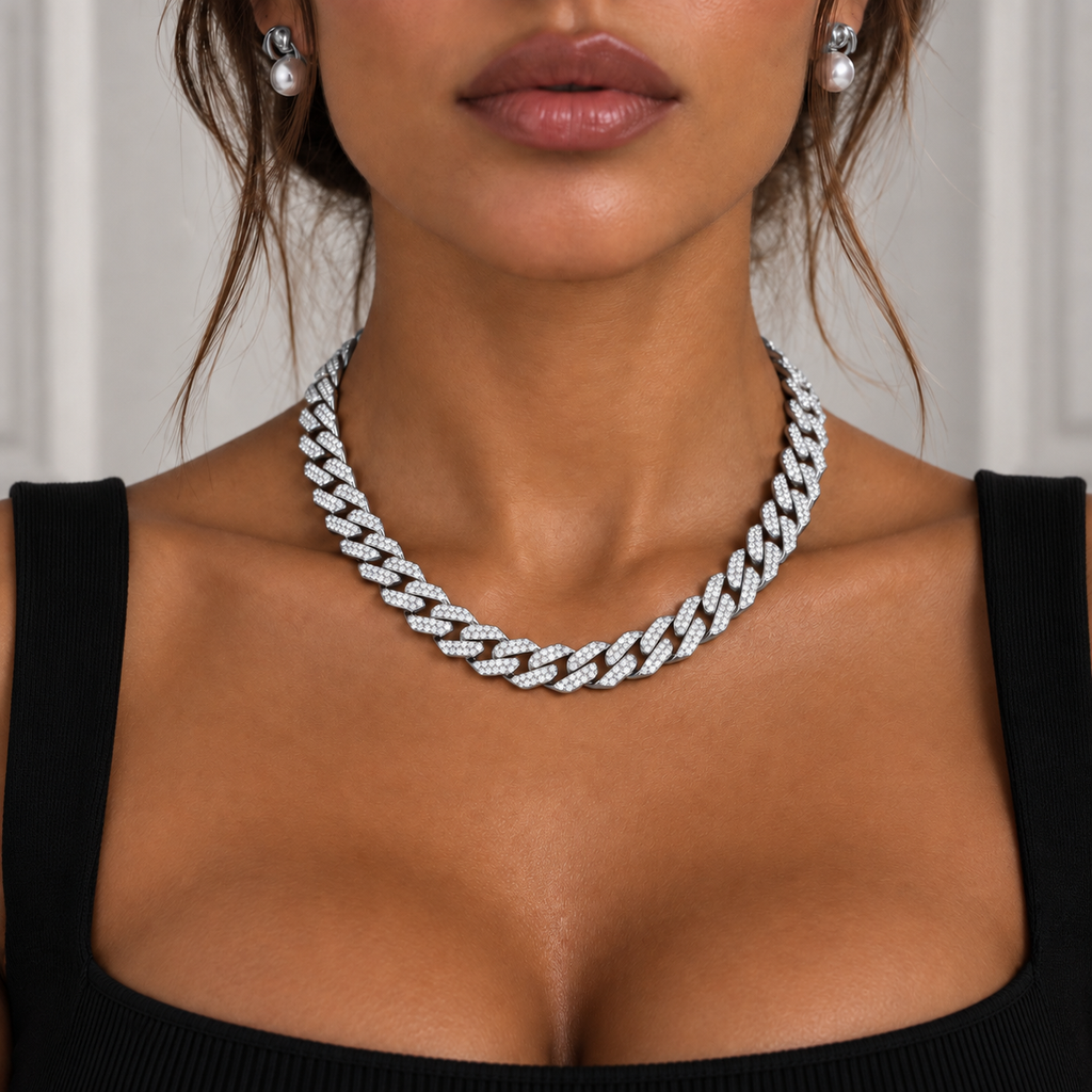 Mya Prong iced Cuban Necklace Silver 18" 14mm