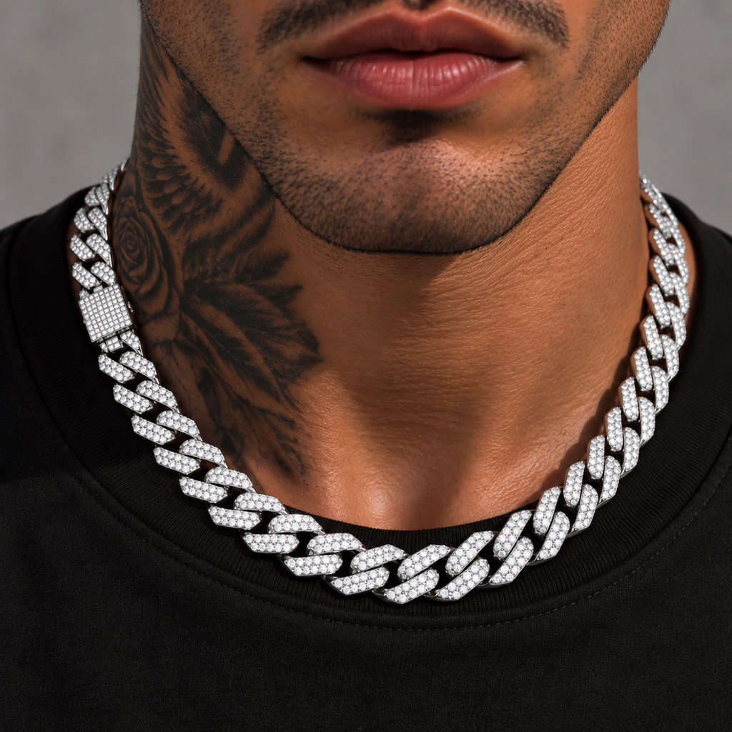 Prong iced Cuban Necklace Silver 20" 14mm