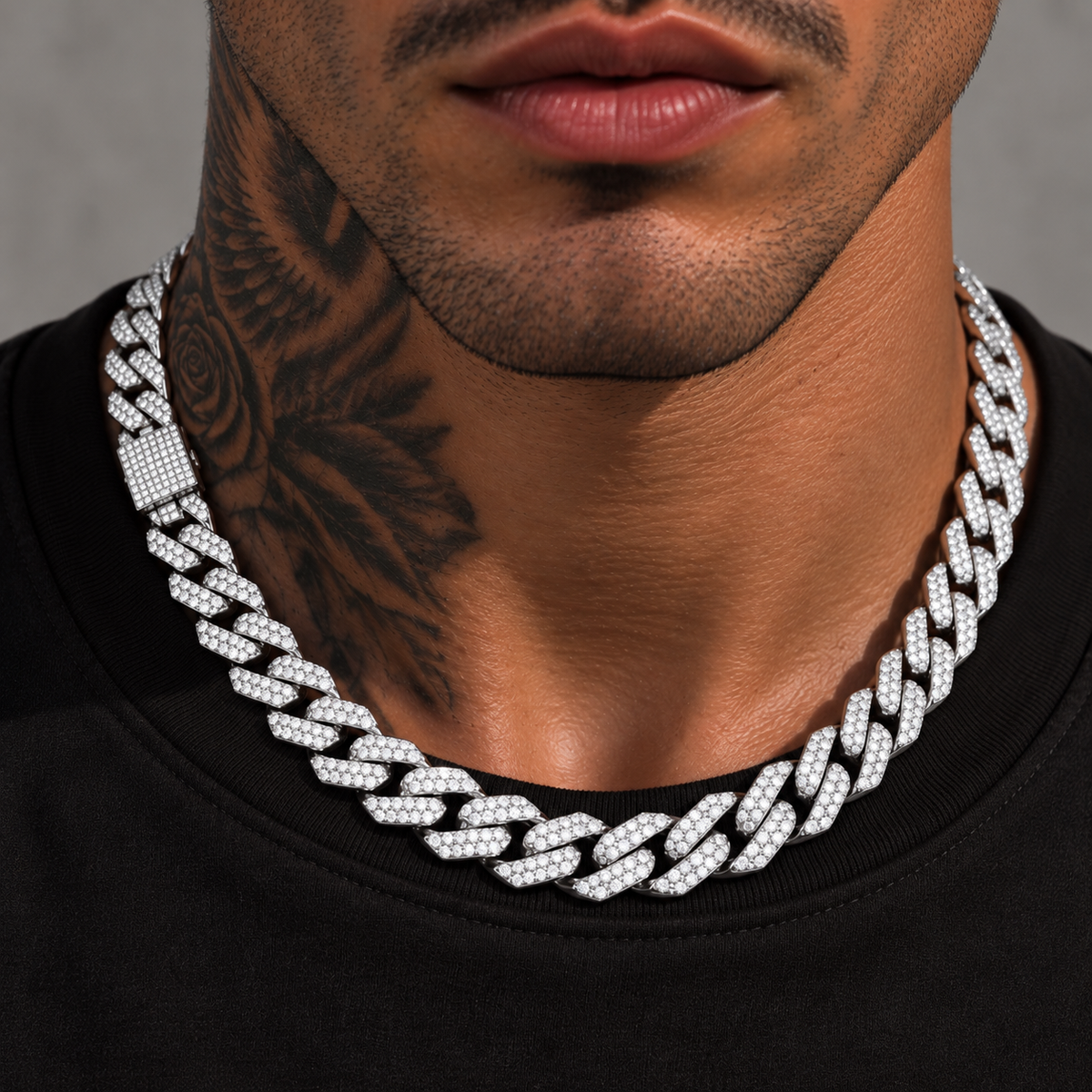 Prong iced Cuban Necklace Silver 20" 14mm